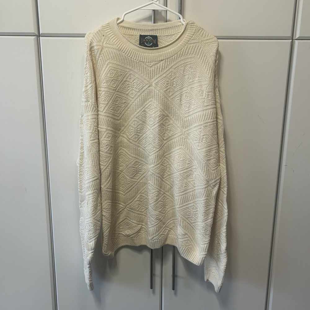 Jantzen Vintage Mens XL Cream Diamond Knit Crewneck Sweater Made in USA